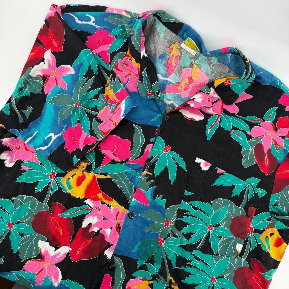 Ripples Tropical Shirt Mens XL Black Hula Dancer Palm Tree Vintage Barbados Tiki